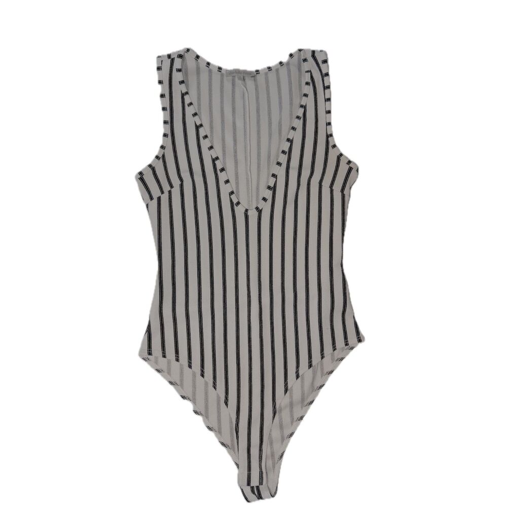 Charlotte Russe Deep V-Neck Striped Bodysuit - Black & Off-White (Size Small)
